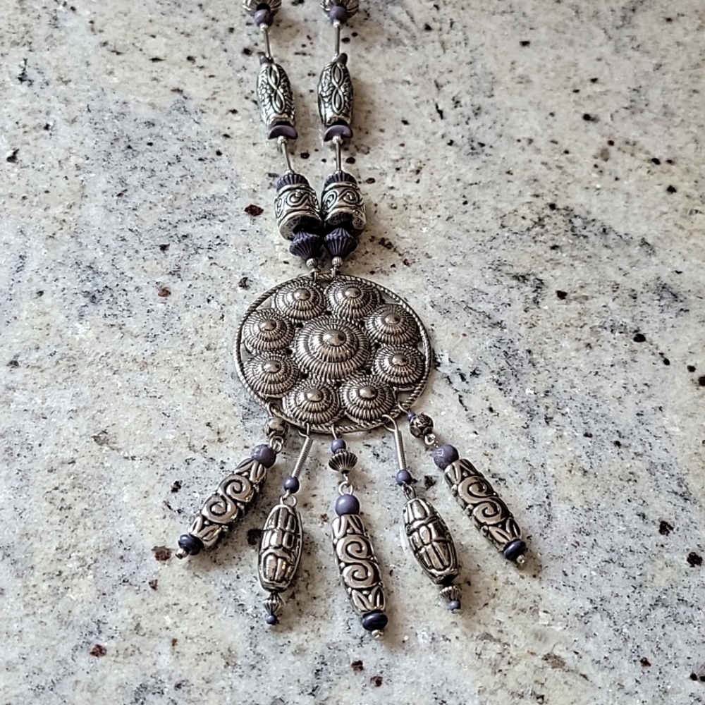 Boho long necklace silver and purple beads.